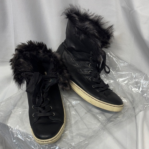 Ugg Shoes Croft Fur Boot High Top Lace Up Sneakers Black Leather Winter Boot 8